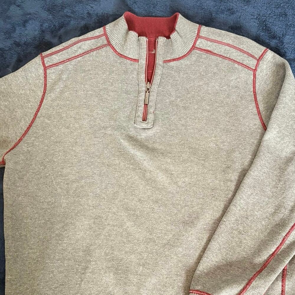 Tommy Bahama Reversible Quarter Zip Pullover Burgundy Gray Marlin Sweater XL/XXL - Picture 3 of 16